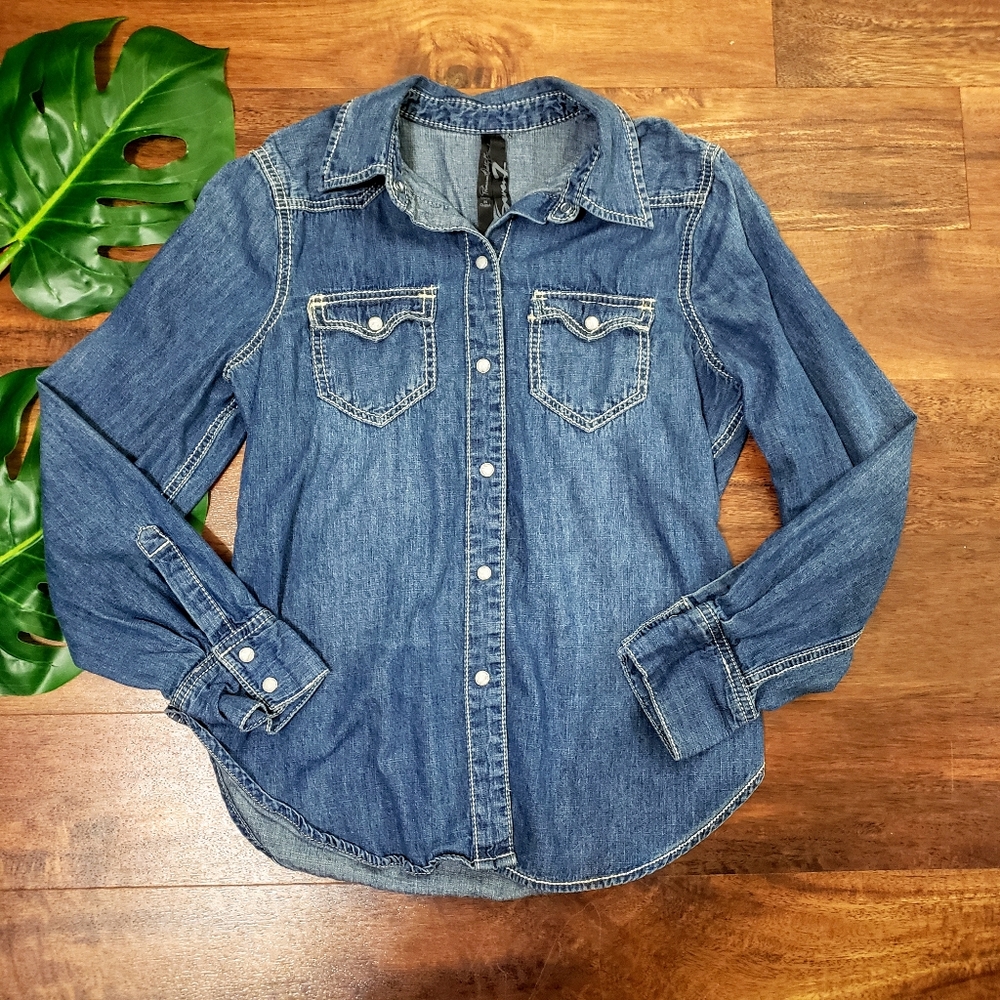 Seven7 Snap Down Denim Like Top